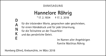 Traueranzeige von Hannelore Röhrig von Giessener Allgemeine, Alsfelder Allgemeine