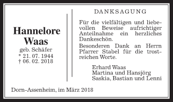Traueranzeige von Hannelore Waas von Wetterauer Zeitung, Wetterauer Zeitung