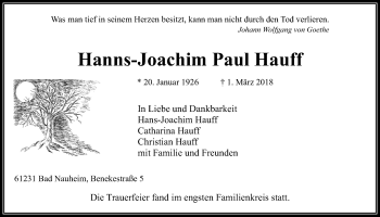 Traueranzeige von Hanns-Joachim Paul Hauff von Wetterauer Zeitung, Wetterauer Zeitung