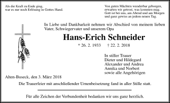 Traueranzeige von Hans-Erich Schneider von Giessener Allgemeine, Alsfelder Allgemeine