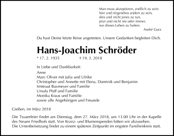 Traueranzeige von Hans-Joachim Schröder von Giessener Allgemeine, Alsfelder Allgemeine