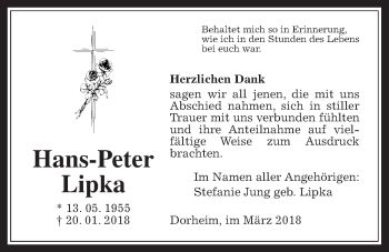 Traueranzeige von Hans-Peter Lipka von Wetterauer Zeitung, Wetterauer Zeitung