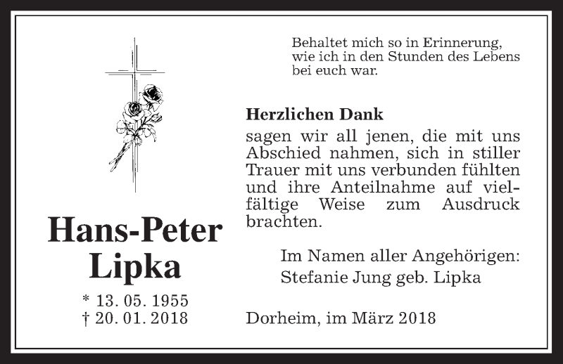  Traueranzeige für Hans-Peter Lipka vom 17.03.2018 aus Wetterauer Zeitung, Wetterauer Zeitung