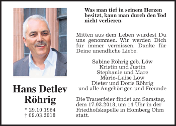 Traueranzeige von Hans Detlev Röhrig von Alsfelder Allgemeine
