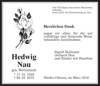 Traueranzeige von Hedwig Nau von Mücker Stimme