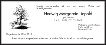 Traueranzeige von Hedwig Margarete Liepold von Wetterauer Zeitung, Wetterauer Zeitung