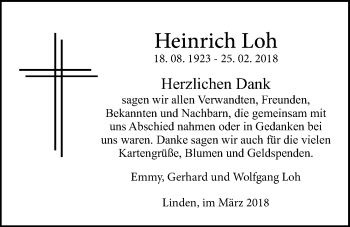Traueranzeige von Heinrich Loh von Giessener Allgemeine, Alsfelder Allgemeine