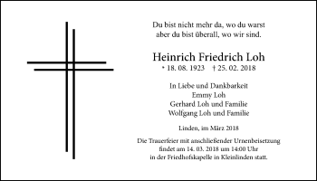 Traueranzeige von Heinrich Friedrich Loh von Giessener Allgemeine, Alsfelder Allgemeine