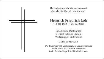 Traueranzeige von Heinrich Friedrich Loh von Giessener Allgemeine, Alsfelder Allgemeine