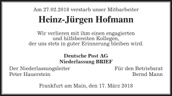 Traueranzeige von Heinz-Jürgen Hofmann von Wetterauer Zeitung, Wetterauer Zeitung