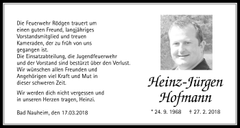 Traueranzeige von Heinz-Jürgen Hofmann von Wetterauer Zeitung, Wetterauer Zeitung