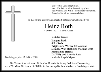 Traueranzeige von Heinz Roth von Giessener Allgemeine, Alsfelder Allgemeine