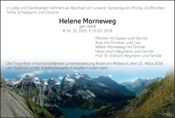 Traueranzeige von Helene Morneweg von Giessener Allgemeine, Alsfelder Allgemeine