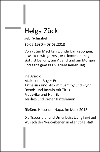 Traueranzeige von Helga Zück von Giessener Allgemeine, Alsfelder Allgemeine