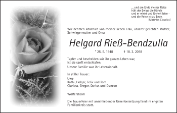 Traueranzeige von Helgard Rieß-Bendzulla von Wetterauer Zeitung, Wetterauer Zeitung