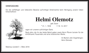 Traueranzeige von Helmi Olemotz von Rabenauer Zeitung