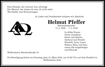 Traueranzeige von Helmut Pfeffer von Wetterauer Zeitung, Wetterauer Zeitung