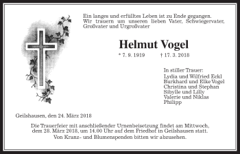 Traueranzeige von Helmut Vogel von Giessener Allgemeine, Alsfelder Allgemeine