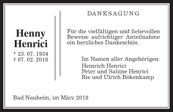 Traueranzeige von Henny Henrici von Wetterauer Zeitung, Wetterauer Zeitung