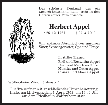 Traueranzeige von Herbert Appel von Wetterauer Zeitung, Wetterauer Zeitung