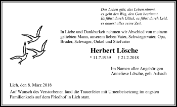 Traueranzeige von Herbert Lösche von Licher Wochenblatt, Licher Wochenblatt, Licher Wochenblatt