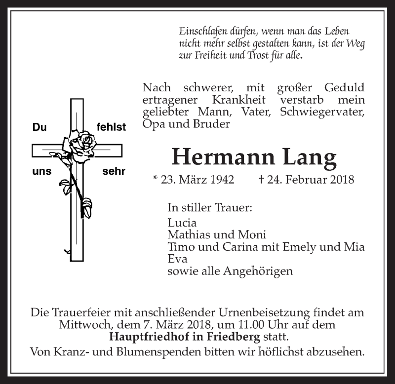  Traueranzeige für Hermann Lang vom 03.03.2018 aus Wetterauer Zeitung, Wetterauer Zeitung, Wetterauer Zeitung, Wetterauer Zeitung