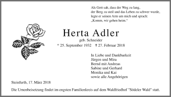 Traueranzeige von Herta Adler von Wetterauer Zeitung, Wetterauer Zeitung