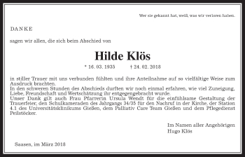 Traueranzeige von Hilde Klös von Giessener Allgemeine, Alsfelder Allgemeine