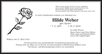 Traueranzeige von Hilde Weber von Giessener Allgemeine, Alsfelder Allgemeine