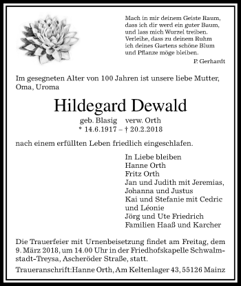 Traueranzeige von Hildegard Dewald von Heimatzeitung Grünberg + Laubach, Laubacher Anzeiger