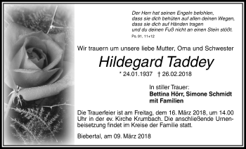 Traueranzeige von Hildegard Taddey von Giessener Allgemeine, Alsfelder Allgemeine