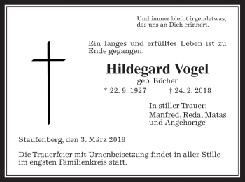 Traueranzeige von Hildegard Vogel von Giessener Allgemeine, Alsfelder Allgemeine