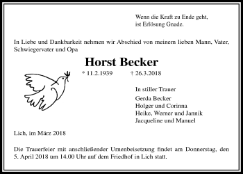 Traueranzeige von Horst Becker von Licher Wochenblatt, Licher Wochenblatt, Licher Wochenblatt