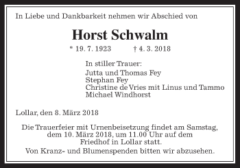 Traueranzeige von Horst Schwalm von Giessener Allgemeine, Alsfelder Allgemeine