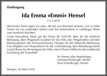 Traueranzeige von Ida Emma Hensel von Licher Wochenblatt, Licher Wochenblatt, Licher Wochenblatt