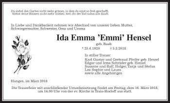Traueranzeige von Ida Emma Hensel von Giessener Allgemeine, Alsfelder Allgemeine