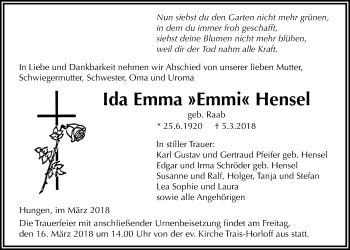 Traueranzeige von Ida Emma Hensel von Licher Wochenblatt, Licher Wochenblatt, Licher Wochenblatt