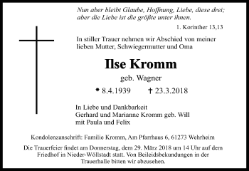 Traueranzeige von Ilse Kromm von Wetterauer Zeitung, Wetterauer Zeitung