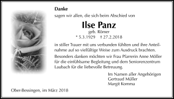 Traueranzeige von Ilse Panz von Licher Wochenblatt, Licher Wochenblatt, Licher Wochenblatt