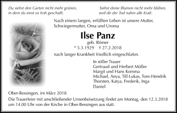 Traueranzeige von Ilse Panz von Licher Wochenblatt, Licher Wochenblatt, Licher Wochenblatt