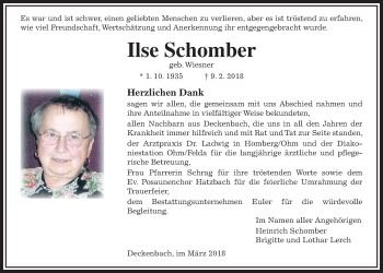 Traueranzeige von Ilse Schomber von Alsfelder Allgemeine
