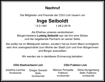 Traueranzeige von Inge Seiboldt von Licher Wochenblatt, Licher Wochenblatt, Licher Wochenblatt