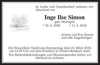 Traueranzeige von Inge Ilse Simon von Wetterauer Zeitung, Wetterauer Zeitung