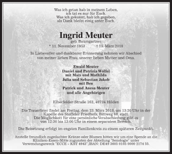 Traueranzeige von Ingrid Meuter von Giessener Allgemeine, Alsfelder Allgemeine, Wetterauer Zeitung, Wetterauer Zeitung
