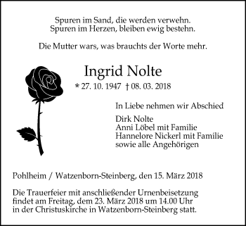 Traueranzeige von Ingrid Nolte von Pohlheimer Nachrichten
