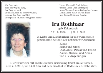 Traueranzeige von Ira Rothhaar von Wetterauer Zeitung, Wetterauer Zeitung