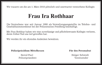 Traueranzeige von Ira Rothhaar von Wetterauer Zeitung, Wetterauer Zeitung