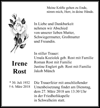 Traueranzeige von Irene Rost von Wetterauer Zeitung, Wetterauer Zeitung