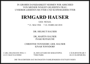 Traueranzeige von Irmgard Hauser von Wetterauer Zeitung, Wetterauer Zeitung