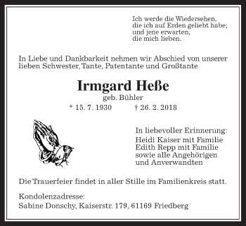 Traueranzeige von Irmgard Heße von Wetterauer Zeitung, Wetterauer Zeitung